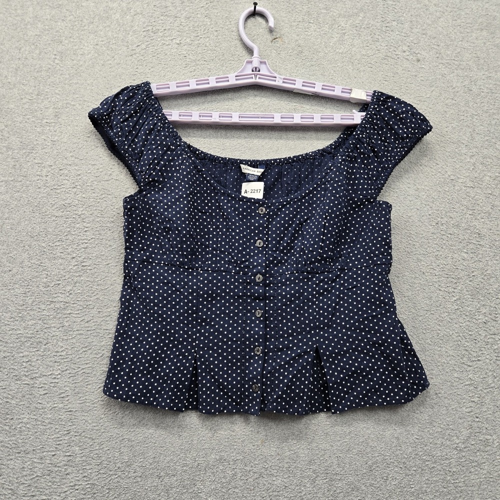 American Eagle Outfitters Women Blouse M Navy Polka Dot Peplum Button NWT
